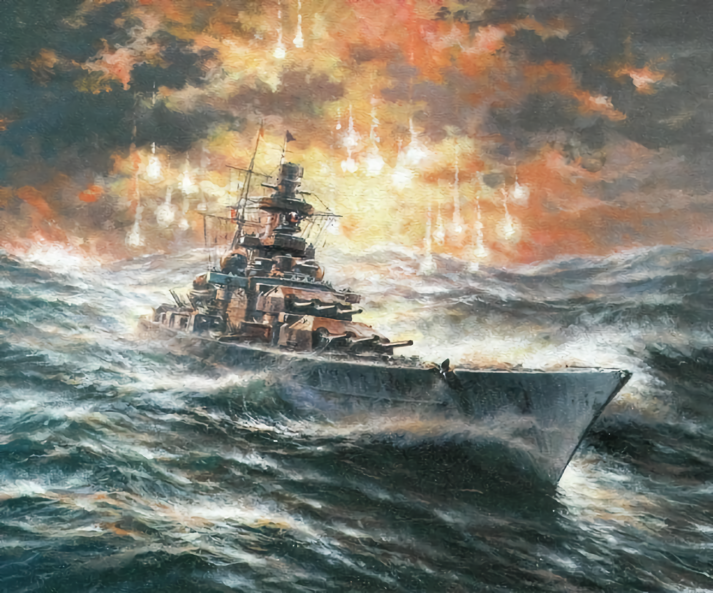 Representación del “Scharnhorst” perseguido por la escuadra Británica, Iluminado por bengalas, en medio de la tempestad.